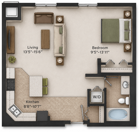 Floor plan for studio, 1 bath, 755 sqft